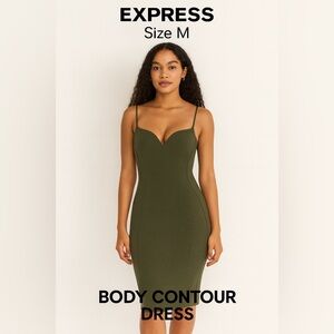 Express‎ Women's Midi Bodycon Sweater Dress Olive Green  V-Neck Stretch